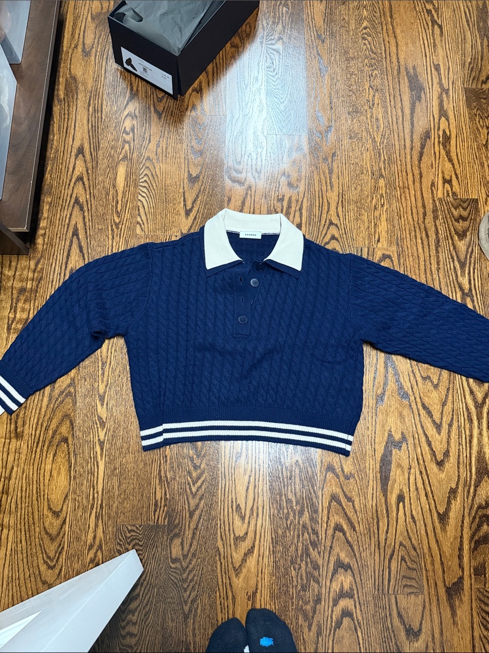Sandro Navy Cable-Knit Polo Sweater with Contrast Cream Collar